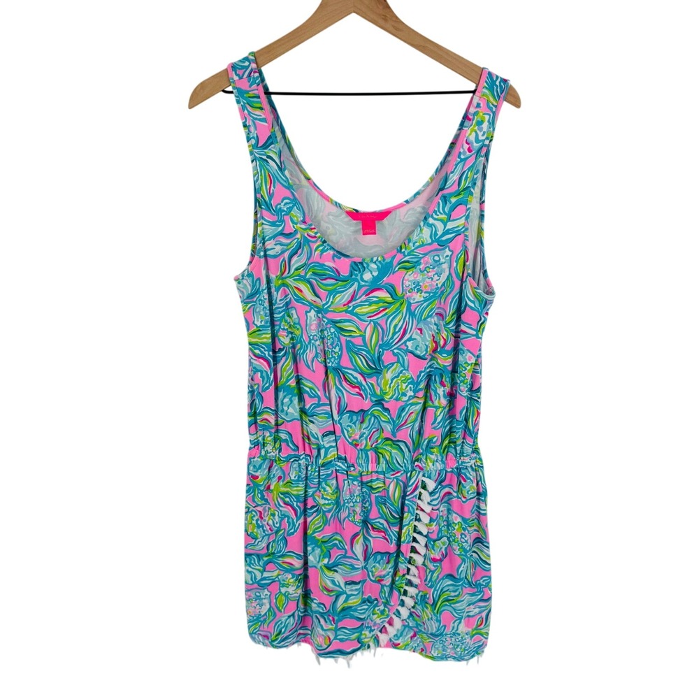 Lilly Pulitzer Bright Pink Blue Floral Sleeveless Romper Size‎ L Tropical Beachy